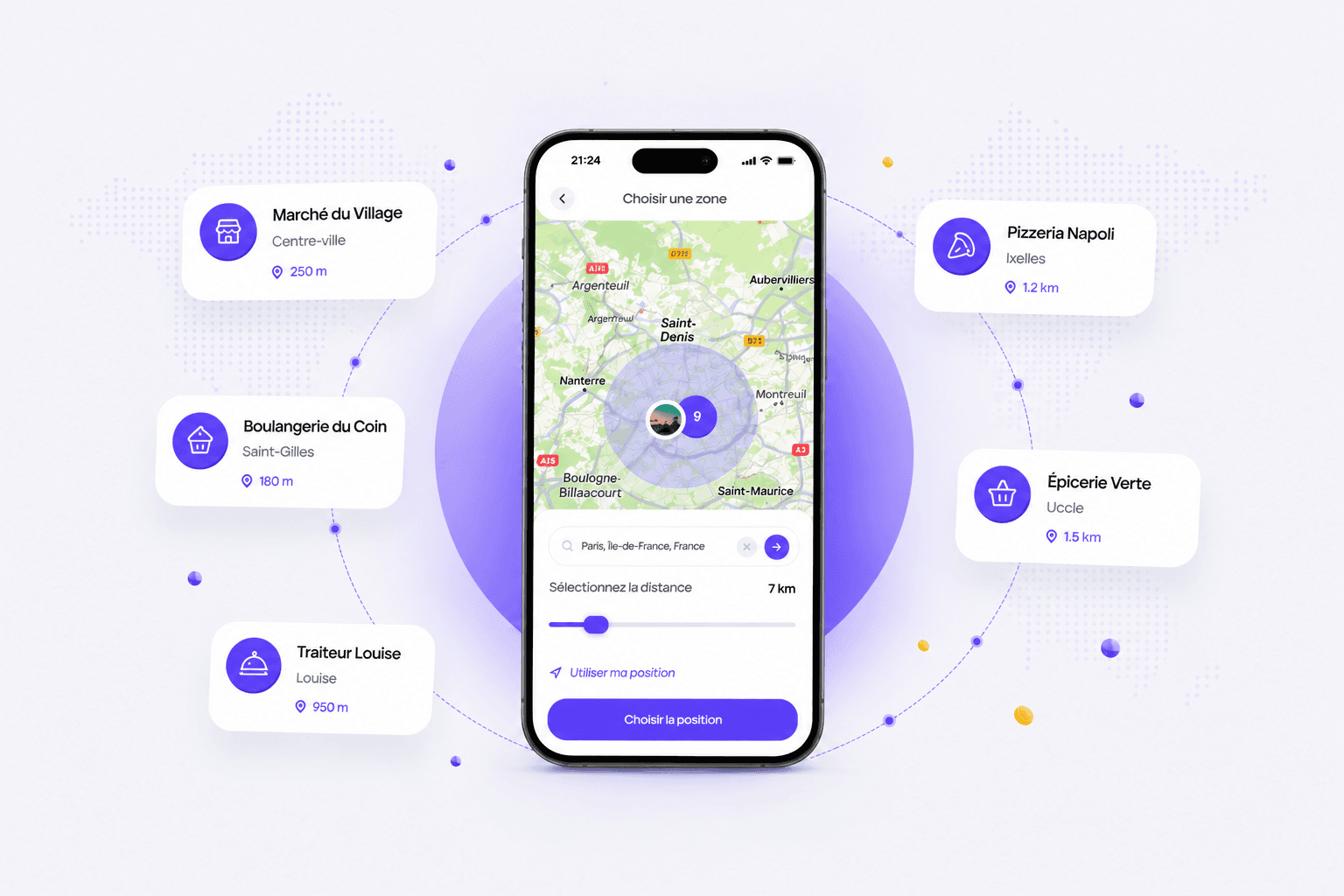 Carte locale avec commerces autour du téléphone