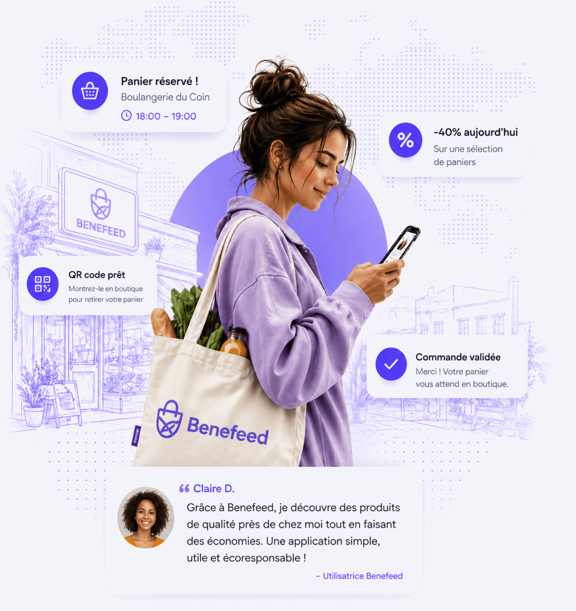 Cliente consultant l’application mobile devant des commerces locaux